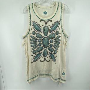 Double D Ranch XL Beige Turquoise Fringe Beaded Slvless Shirt